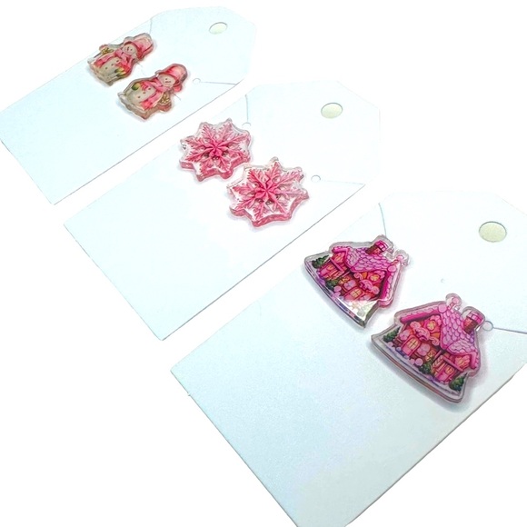 Set of 3 Pink NEW Christmas Holiday Stud Acrylic Handmade Earrings - Picture 5 of 8